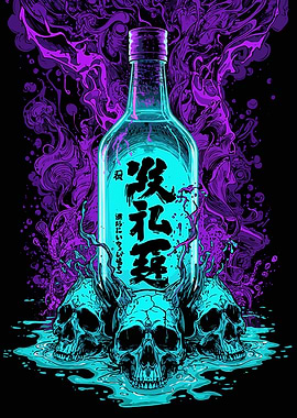 Sake bottle with skulls and smoke