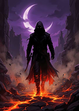 Dark hooded figure in fantasy landscape