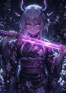 Anime Girl with Katana and Horns