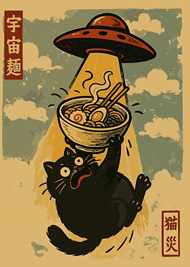 UFO Cat Ramen Poster, Funny Japanese Cartoon Wall Art, Cute Alien Cat Illustration Print