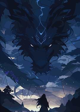 Dragon and Figure in Blue Landscape