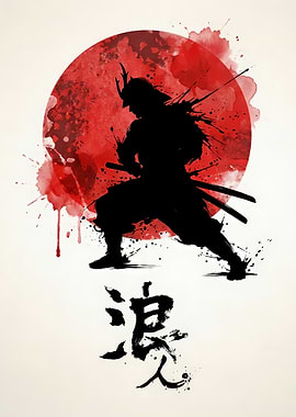 Samurai Silhouette with Red Sun