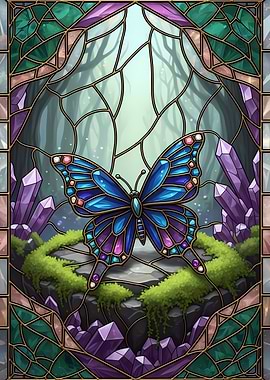 Stained Glass Butterfly in Forest Scene