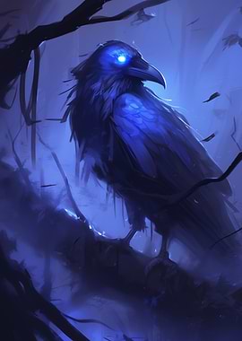 Dark Wood Collection: Blue Raven with Glowing Eyes