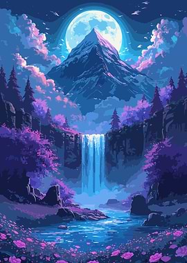 Pixel Art Mountain Waterfall Landscape