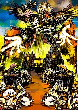 Dark Fantasy Character with Wolf and Skulls