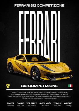 Ferrari 812 Competizione Yellow Car Poster