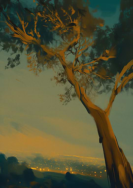 Tree Overlooking City Lights Painting
