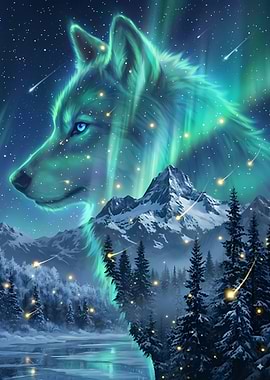 Aurora Wolf in Winter Landscape