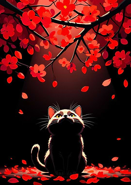 Cat under Cherry Blossoms