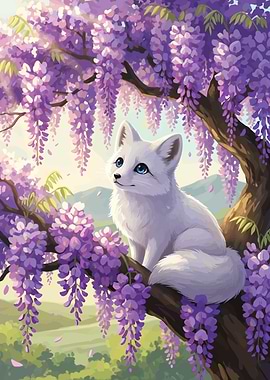 White Fox in Wisteria Tree