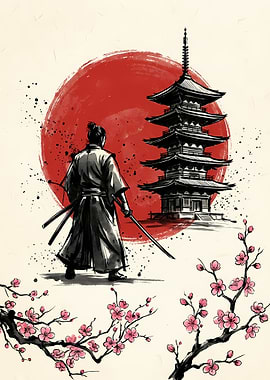 Samurai, Pagoda, and Cherry Blossoms Art