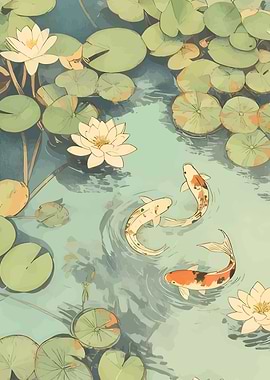 Koi Fish and Lily Pond Art