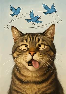 Dizzy Cat with Birds
