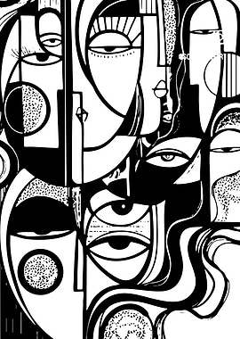 Abstract Faces Black and White Art