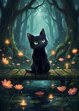 Black Cat in Rainy Forest
