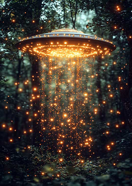 UFO in Forest with Light Beams