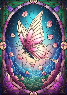 Stained Glass Butterfly with Floral Border