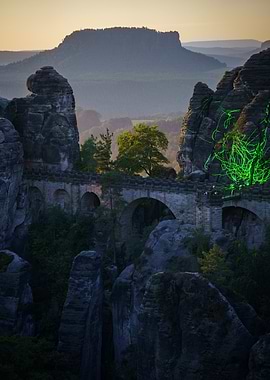 Bastei Bridge at night with Laser painting on the rocks - Saxony, Germany