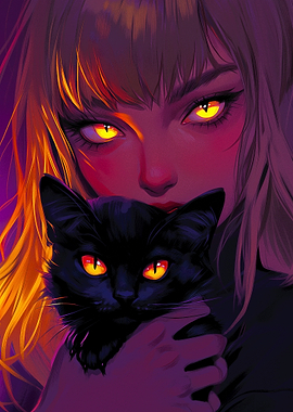 Girl with Black Cat Digital Art