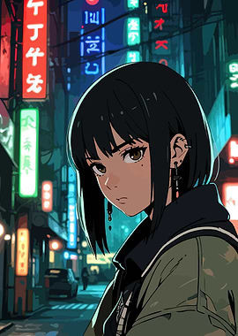 Anime Girl in Neon Cityscape
