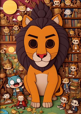 Cartoon Lion with Anime Figures