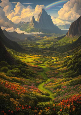 Lush Valley Landscape with Rainbow