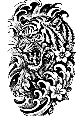 Tiger with Waves and Flowers