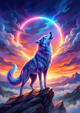 Howling Wolf with Neon Circle