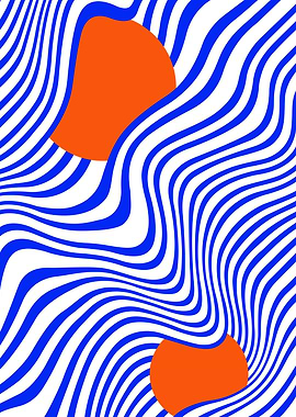 Optical Illusion Poster – Blue Waves with Two Orange Balls