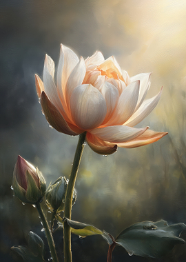 Peach Lotus Flower with Water Droplets