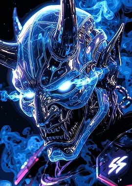 Cyberpunk Oni Mask with Blue Flames