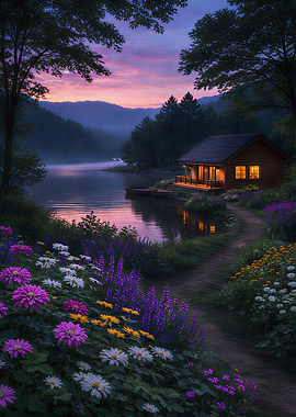 Lakeside Cabin at Dusk