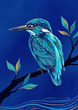 Kingfisher Bird on Branch Illustration