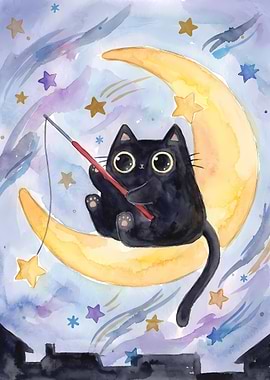 Cat on the Moon Watercolor Painting