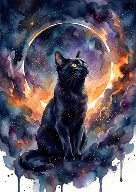 Black Cat Watercolor Galaxy
