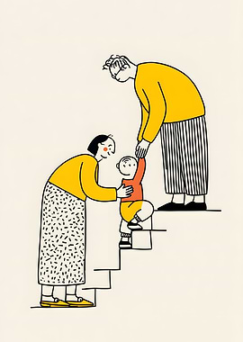 Family Helping Child Climb Stairs Illustration