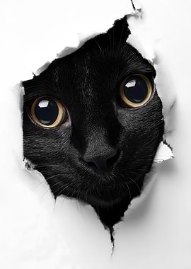 Black cat peeking through torn paper