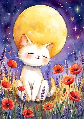 Dreamy Cat Under Moon Watercolor