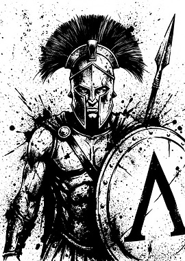 Spartan Warrior Black and White Illustration