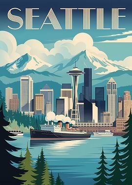 Seattle Cityscape Travel Poster