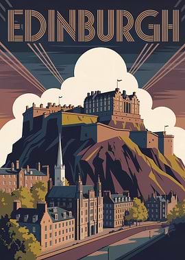 Edinburgh Castle Art Deco Travel Poster