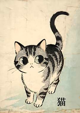 Cute Tabby Cat Japanese Art
