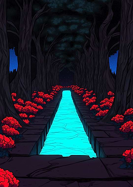 Glowing River Through Dark Forest