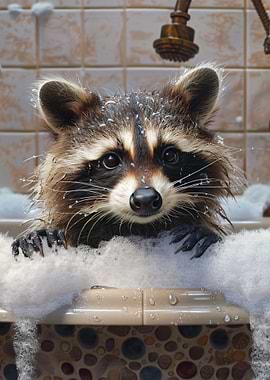 Raccoon in a Bubble Bath