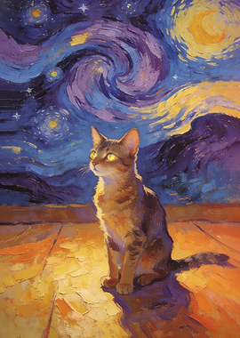 Cat in Starry Night Style Painting