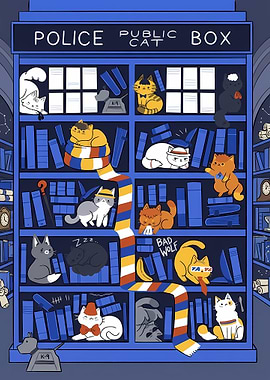 Doctor Who Cats in Tardis Bookshelf