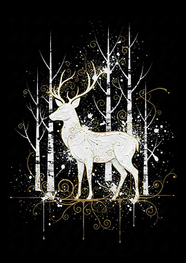 White Deer in Birch Forest Art