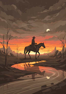 Cowboy on Horseback in Rainy Landscape