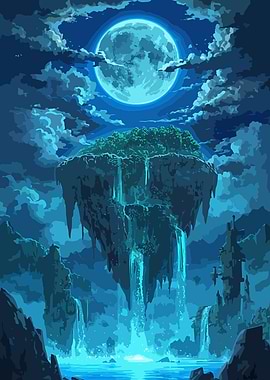 Pixel Art Floating Island Waterfall
